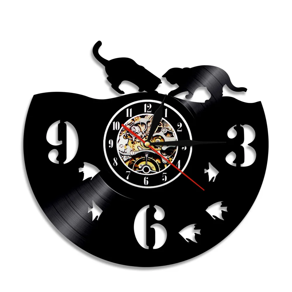 Cat And Gold Fish Vinyl Record Wall Clock Kitty Couple Album Home Decor Wall Watch Kitten Friends Shadow Art Silent Sweep Clock