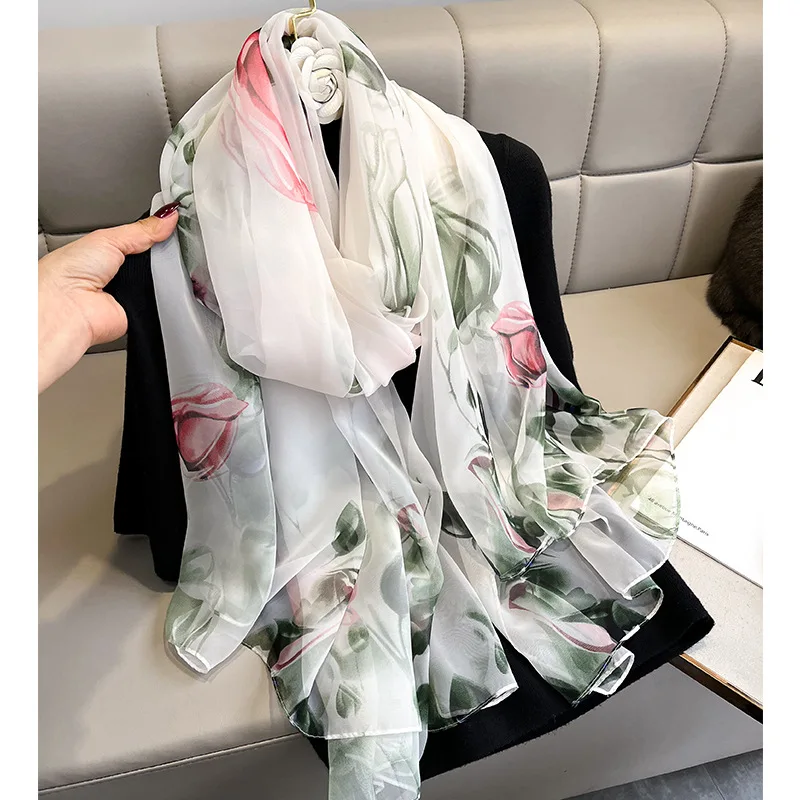 Fashion Luxury Brand Oversized Ombre Petal Floral Silk Shawl Scarf Lady High Quality Turban Head Hijab Femme Wrap Foulards Snood