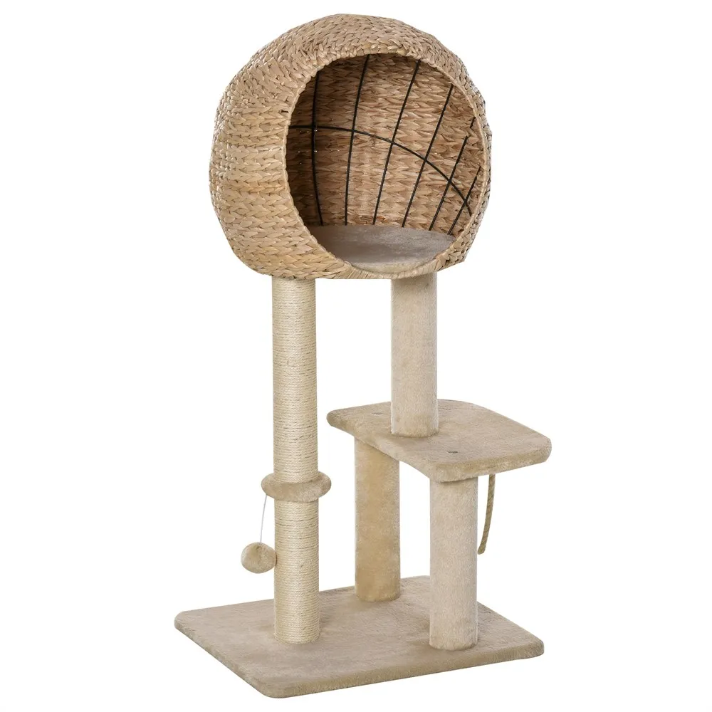 PawHut cat scraper tree climbing tower with platform shed ball and playing rope Sisal post 48x40x100cm Beige