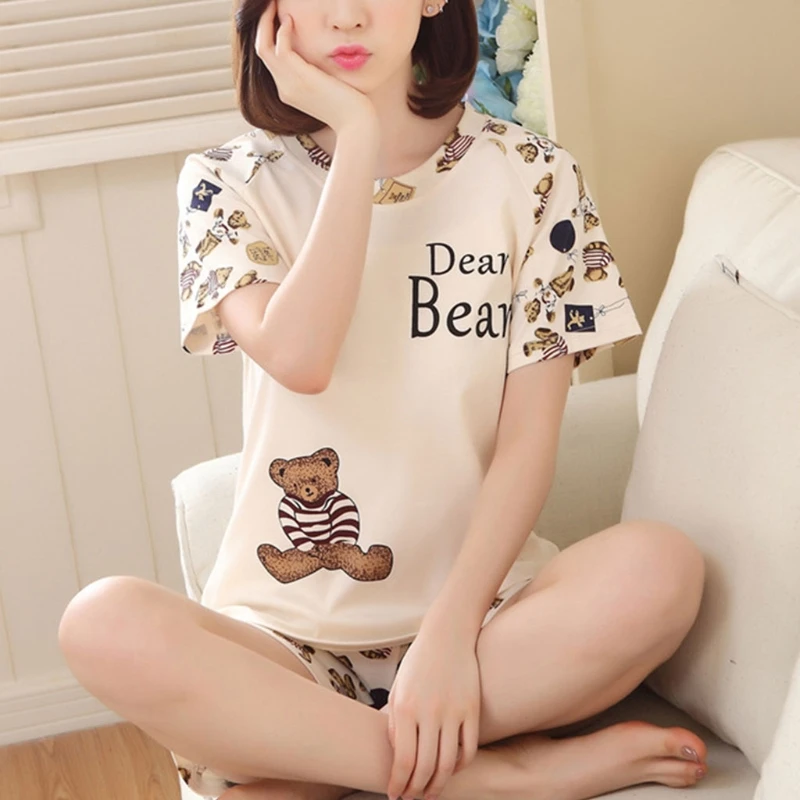 

Women Cartoon Pajamas Short Sleeve Cotton Pyjamas Set Home Nightwear Sleepsuit