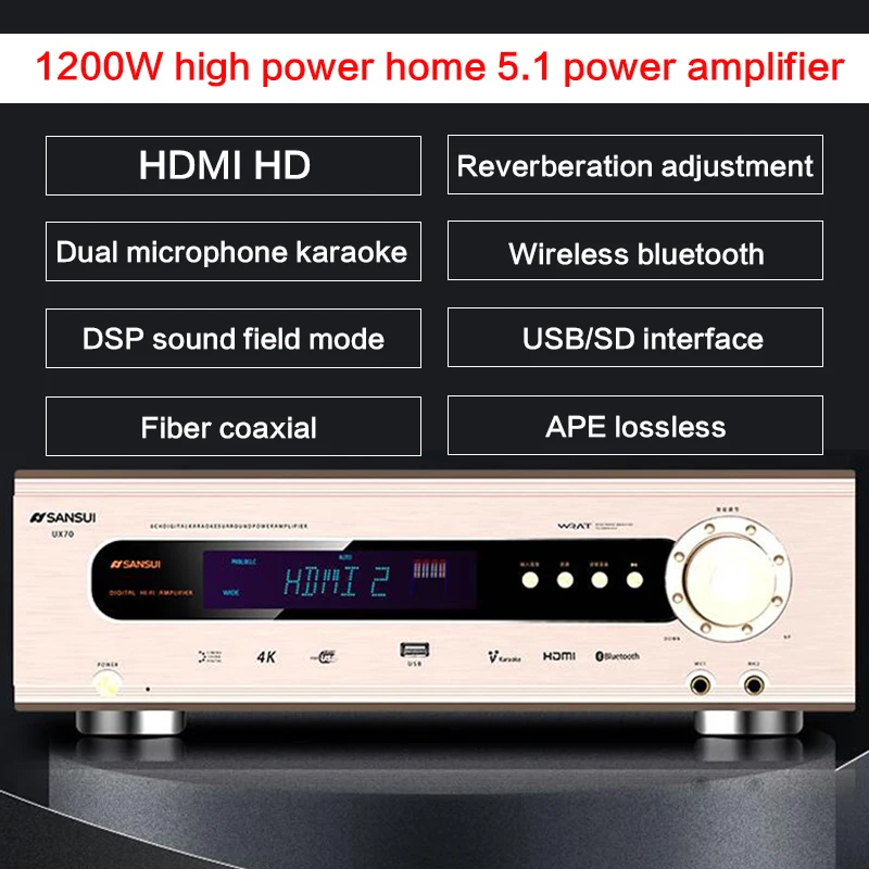 1200W amplificatore di potenza 5.1 ad alta potenza UX70 HD Bluetooth Home Theater Audio Lossless Hifi Subwoofer amplificatore fibra coassiale