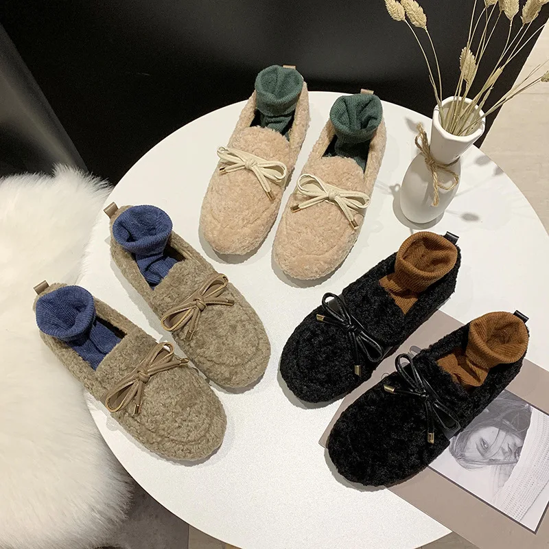 Mocassins plats à enfiler pour femmes, chaussures de printemps à nœud en peluche, mocassins plats chauds en laine, chaussures décontractées en fourrure de bateau, Zapatos Mujer