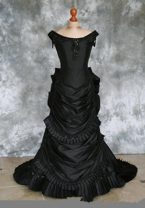 Beaded Gothic Victorian Bustle Prom Gown with Train Vampire Ball Masquerade Halloween Black Evening Dress Steampunk Goth