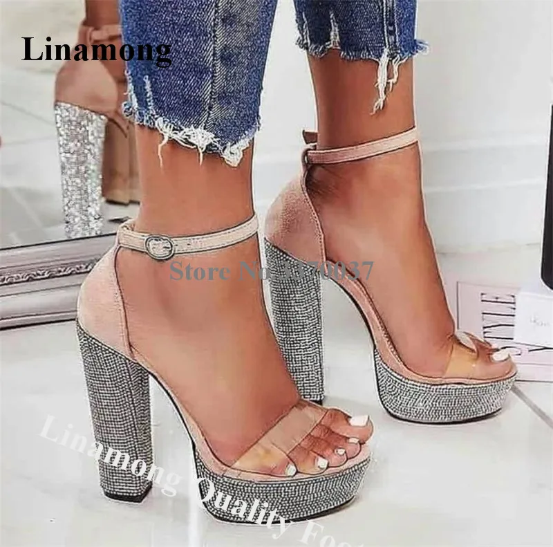 

Linamong Bling Bling Rhinestone Chunky Heel High Platform Sandals PVC Strap Crystal Thick High Heel Sandals Dress Heels