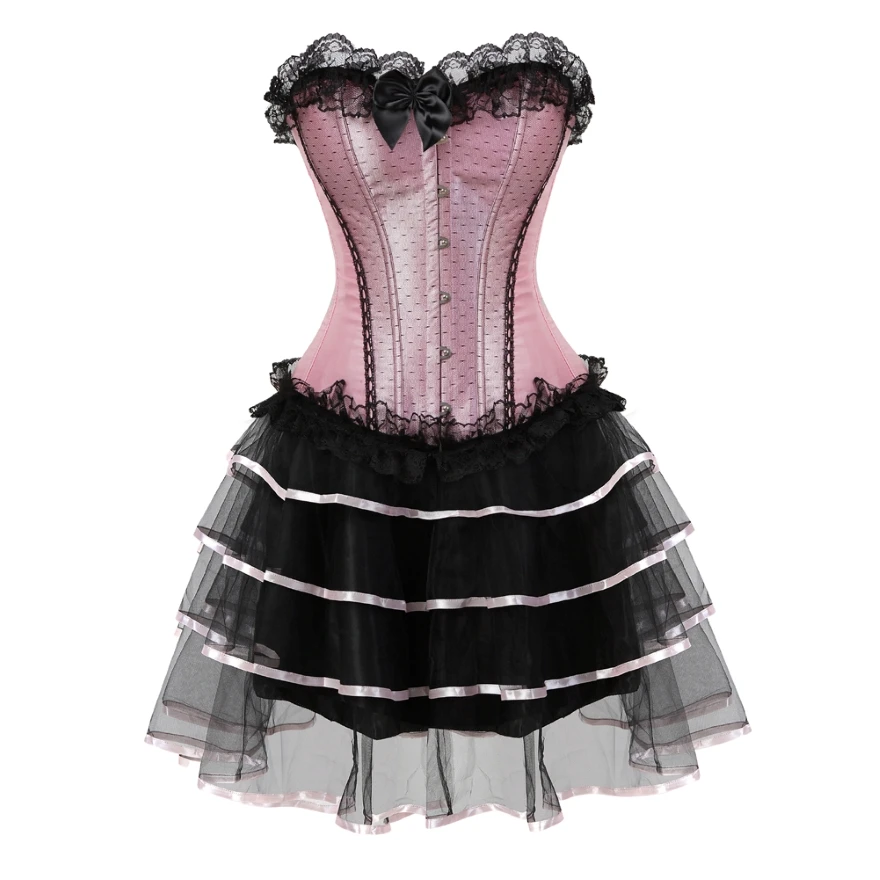 Women Victorian Corset Dress Sexy Lace Overbust Corset Burlesque Bustier With Mini Pleated Skirt Set Plus Size S-6XL