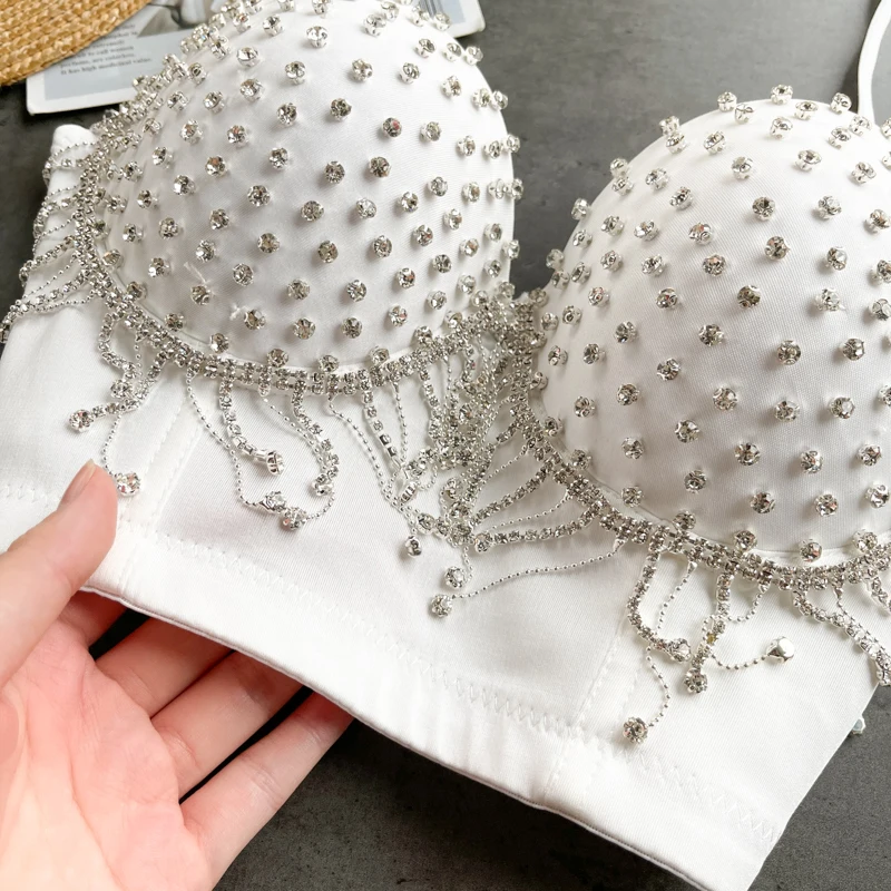 

Diamond Studded Tassel Luxury Camisole Women Gathered Bras Underwear Fashion Cropped Tops Female Nightclub Party Vest Y1151