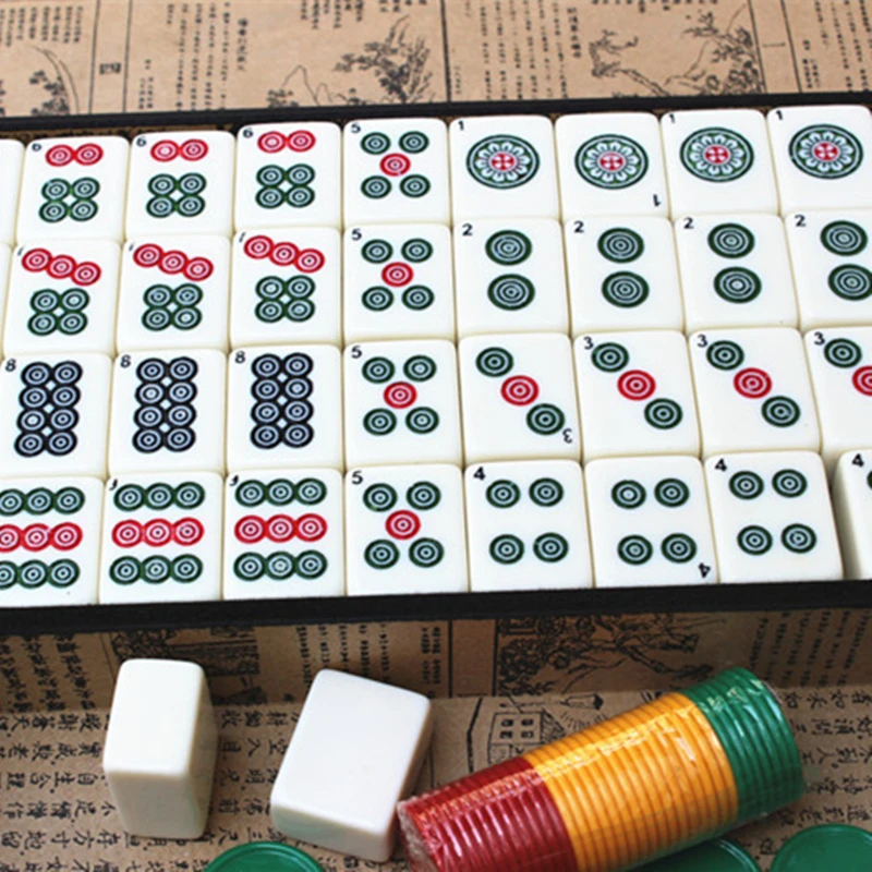 Juego de mesa grande Mahjong, caja de madera portátil, juego de mesa de viaje Mahjong, caja de cuero antiguo para interiores, Manual en inglés