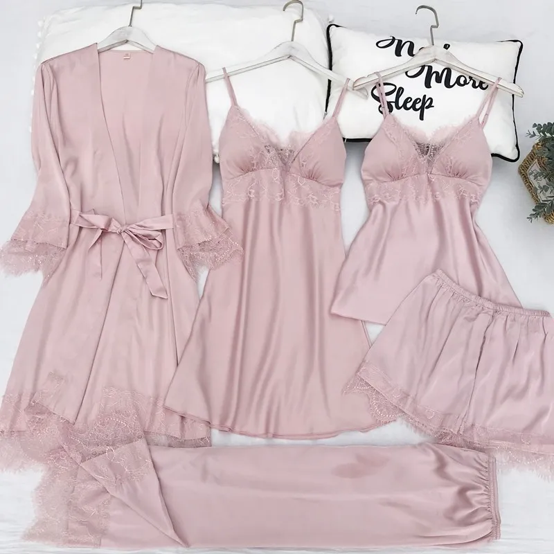 Women Nighty&Robe SET Kimono Gown Bride Bridesmaid Wedding Robe Sleepwear Suit Satin SEXY Lace Nightwear Casual Loose Nightgown