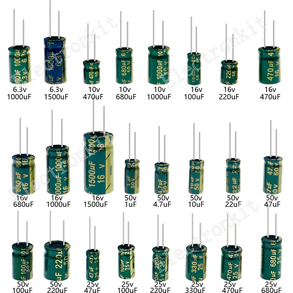 360Pcs/Box 24 Values High frequency electrolytic Capacitor Kit set 1UF-1500UF Aluminum Capacitors 6.3V-50V Low ESR