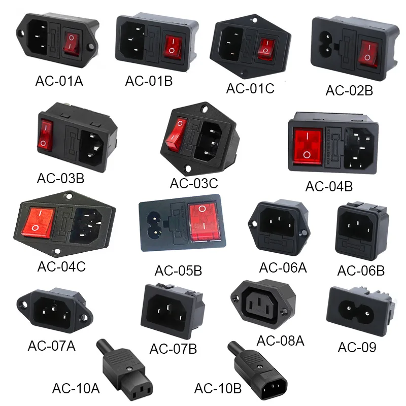 3-pinowe gniazdo elektryczne IEC320 C14 C15 LED 250V Przełącznik kołyskowy Mosiężny bezpiecznik 10A Żeński męski wtyk wlotowy Złącze pinowe Mocowanie komputera