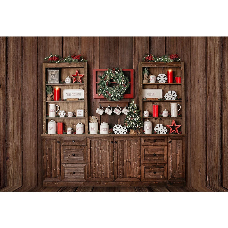 

Christmas Backdrop Wood Wall Printed Cupboard Candles Snowflakes Garland Home Xmas Party Decoration Photography Background