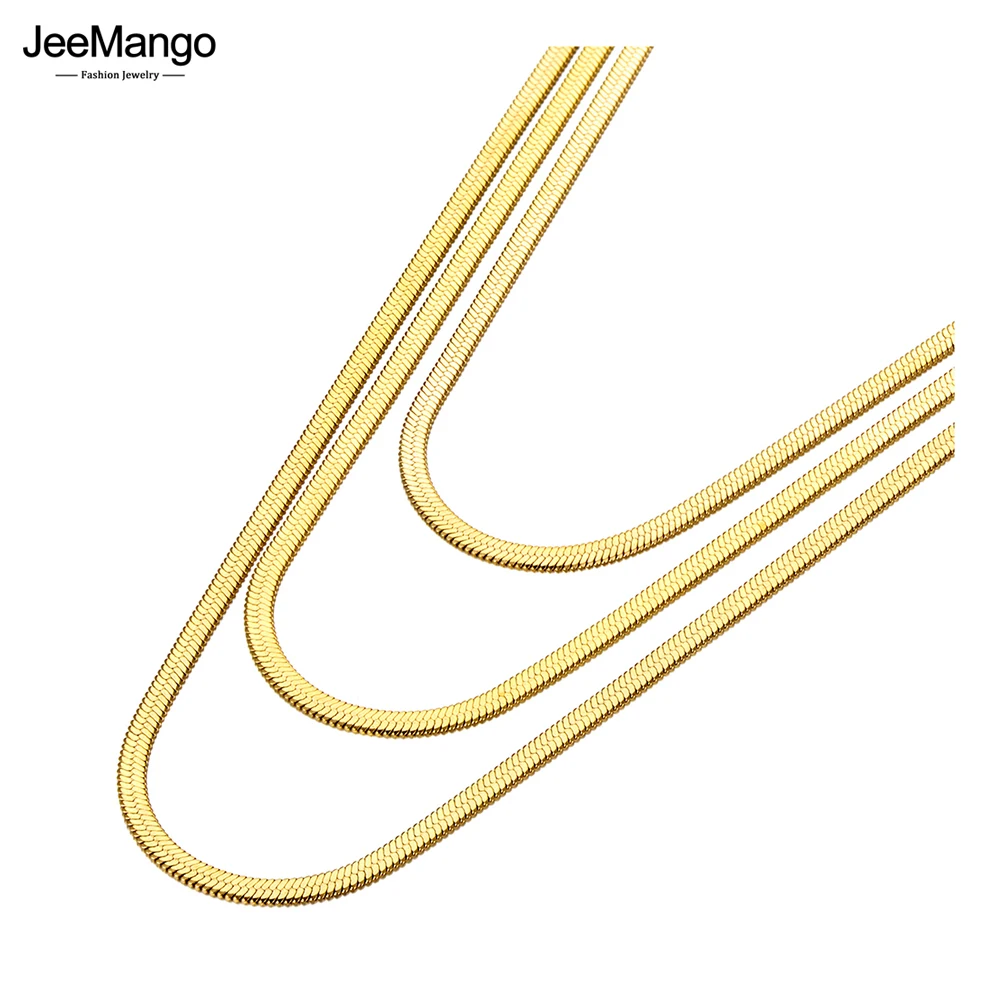 JeeMango Titanium Stainless Steel Gold Plated Choker Necklace Trendy Bohemia Three Layers Snake Chain Necklace For Women JN21220