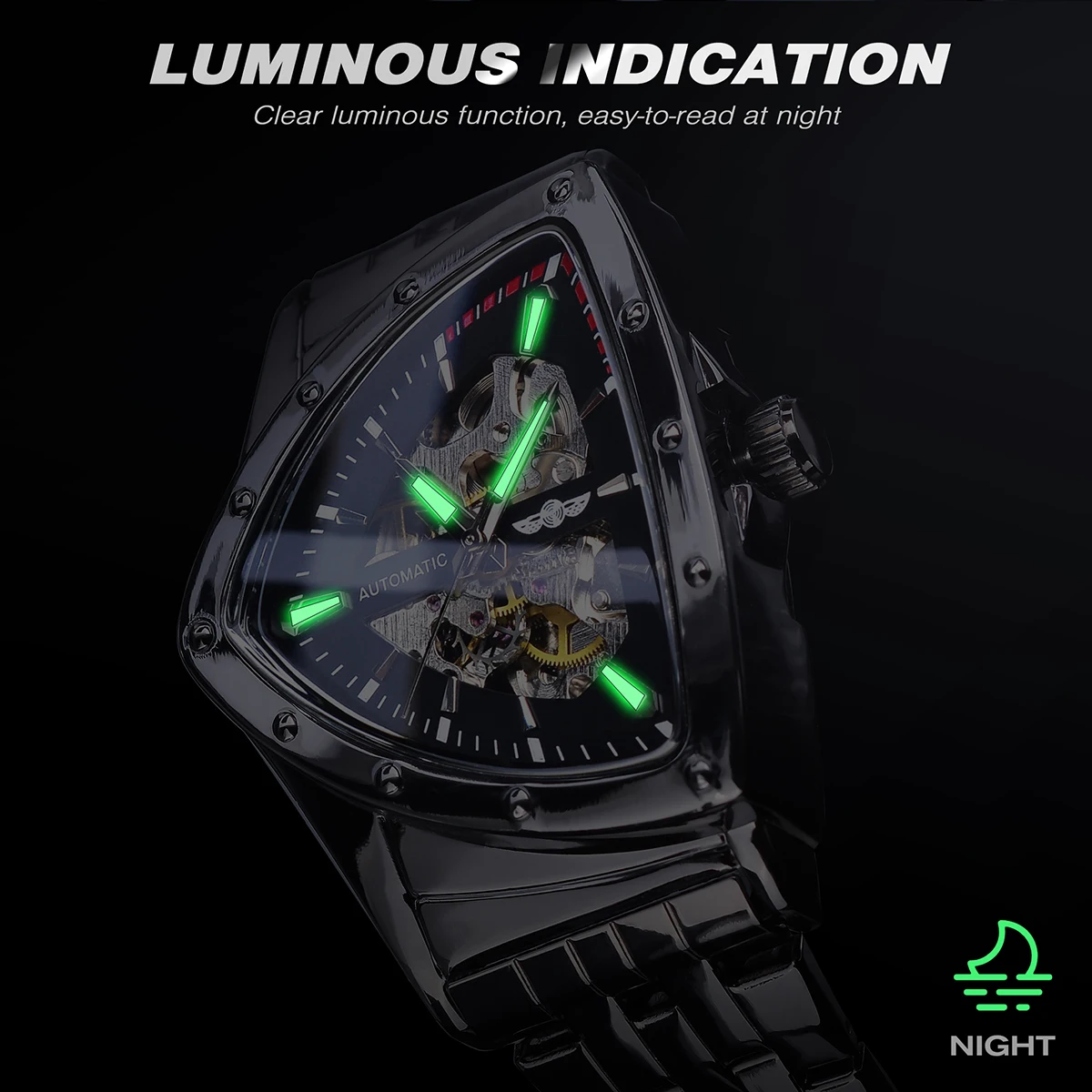 WINNER-Montre mécanique en acier inoxydable pour homme, modules noirs, triangle irrégulier, boîtier arrière transparent, montres automatiques,