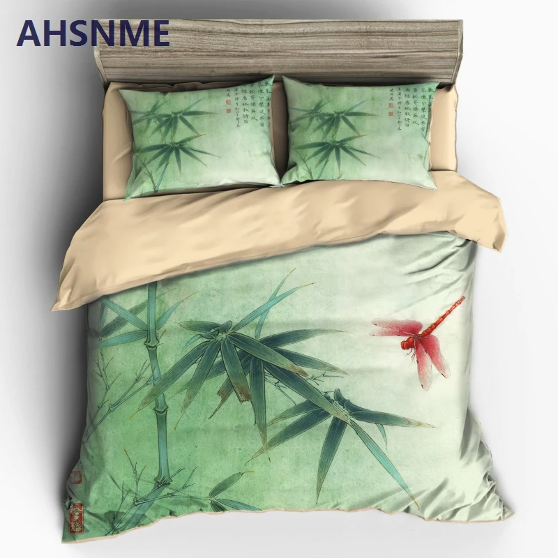 

AHSNME Chinese Bamboo and Red Dragonfly Duvet Cover Sets 100% Microfiber Bedding Set 3pcs