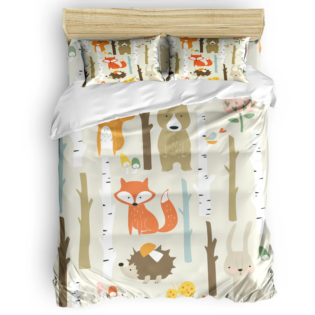 Forest Animal Tree Fox Bear Rabbit Print Bedding Set Home Textiles Bed Sheet Duvet Cover Pillowcase Single Double Bed Set