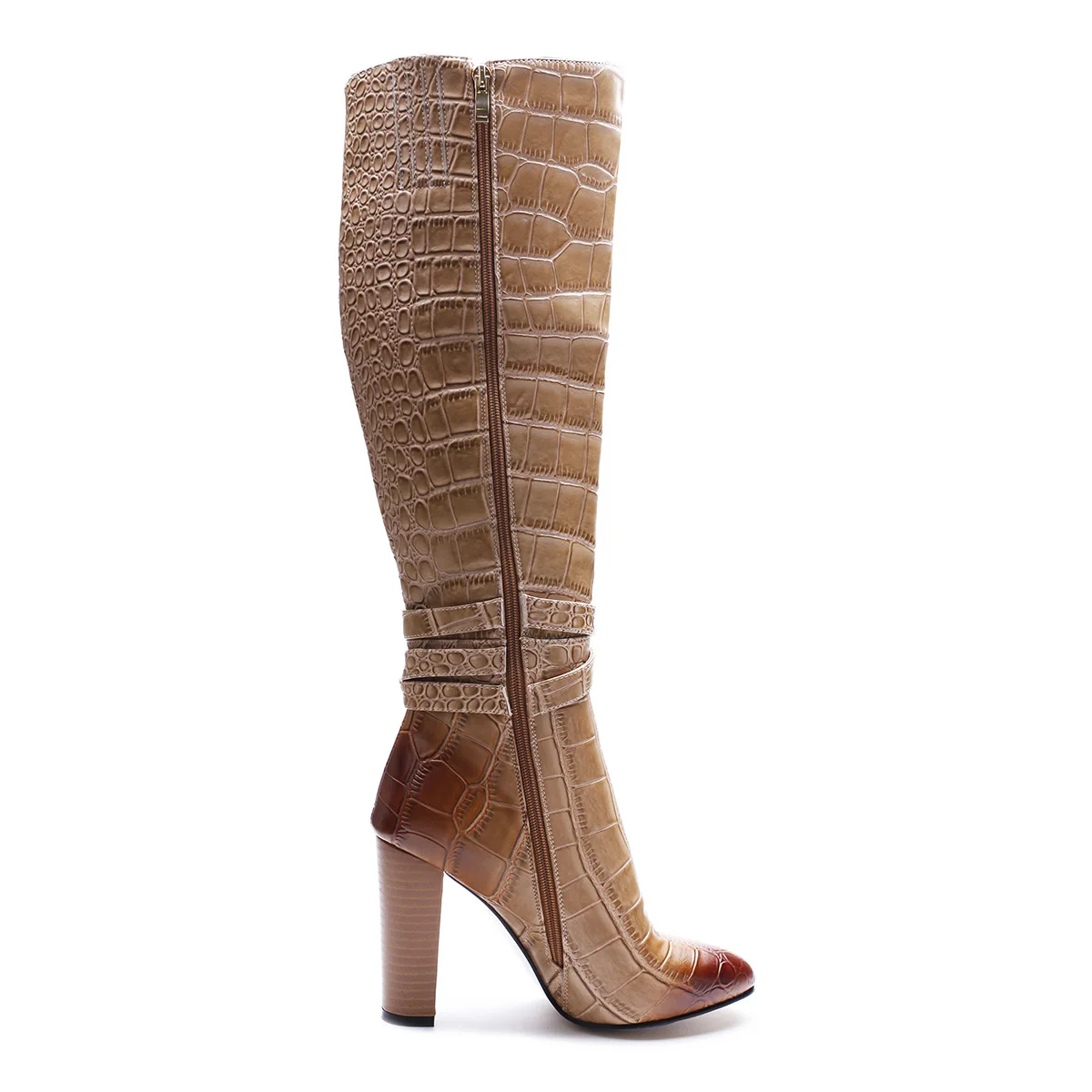 New Crocodile Grain Female High Thick Heel Boots Single-Side Zipper Crocodile Skin Manufacturers Direct Sales