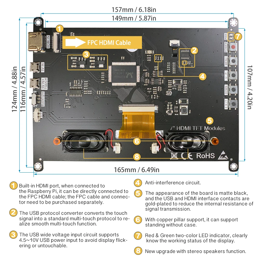 Lesown จอ LCD ทัชสกรีน7นิ้ว1024x600 IPS โมดูล HDMI แบบพกพาแสดงโมดูลพร้อมลำโพงคู่สำหรับ Raspberry Pi Windows Mac