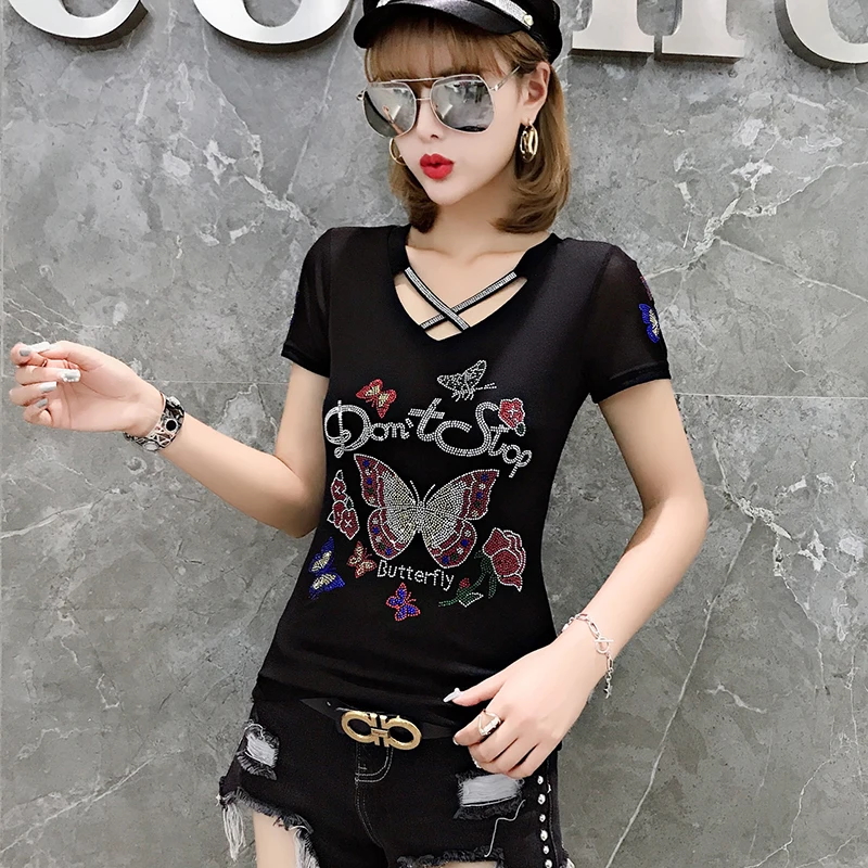 Summer Fashion Korean Blusas Clothes T-shirt Sexy Hollow Out Diamonds Letter Butterfly Women Tops Ropa Mujer Patchwork Mesh Tees