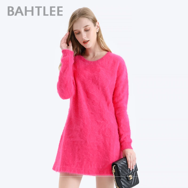 BAHTLEE-Women\'s Angora A Line Dress, Above Knee Length, Wool Knitted Jumper, Long Sleeves, O-Neck, Sexy, Autumn, Winter