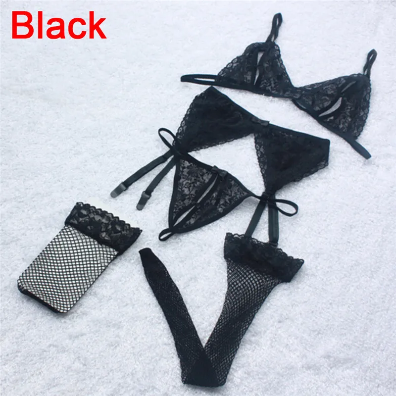 (1 Set=4pcs) Lace Floral Top Sexy Hollow Bra+Floral Garter Belt Suspenders+Thong Underwear+High Stockings Fishnet