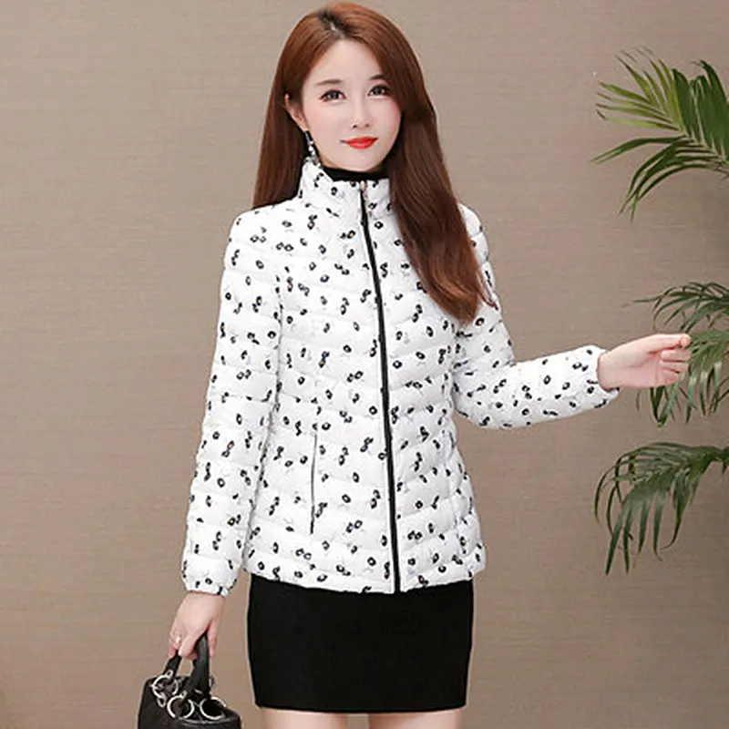 

Winter Cotton Women's Down Jacket Stand Collar Long Sleeve Cardigan Pockets Plus Size Floral Print Nice Casual Down Jacket