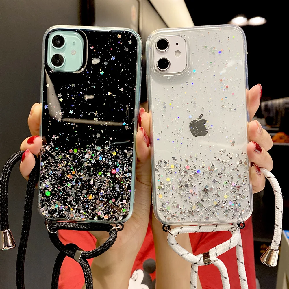 بلينغ بريق حزام الحبل سلسلة جراب هاتف آيفون 13 12 Mini 11 Pro XS Max XR X 6 7 8 Plus 5 S SE 2020 قلادة غطاء الحبل