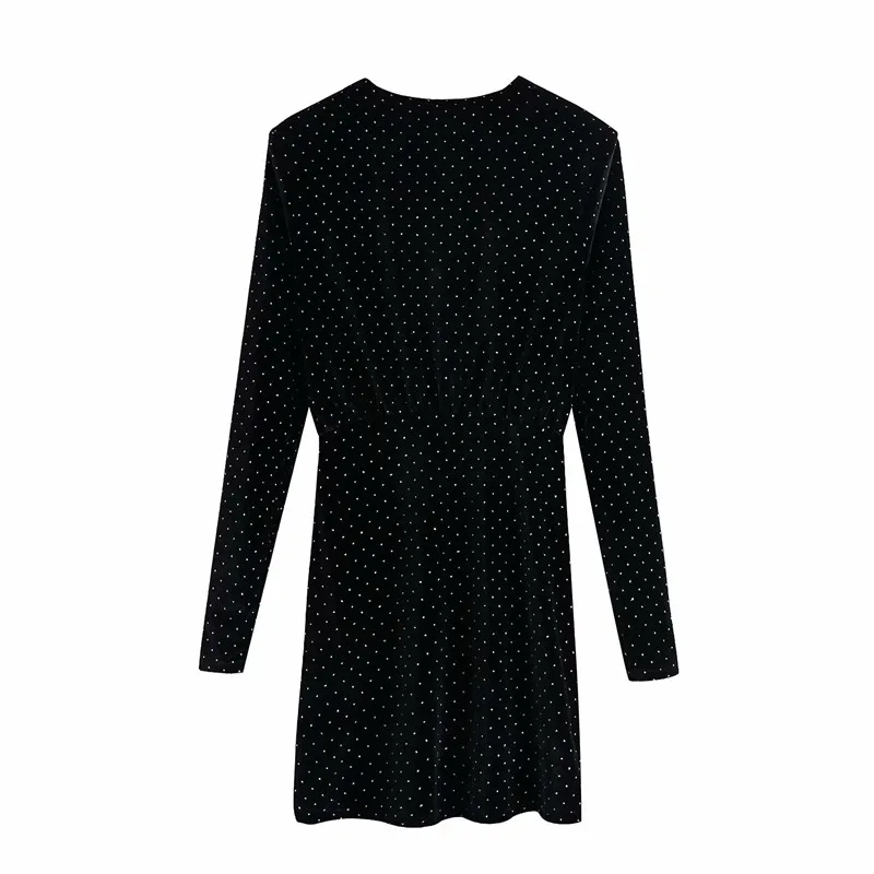 Evfer Women Fashion Autumn Za Velvet Black Mini Dress Chic Lady Stylish Slim High Waist Pleated Ruffles Shinny Dot Short Dresses