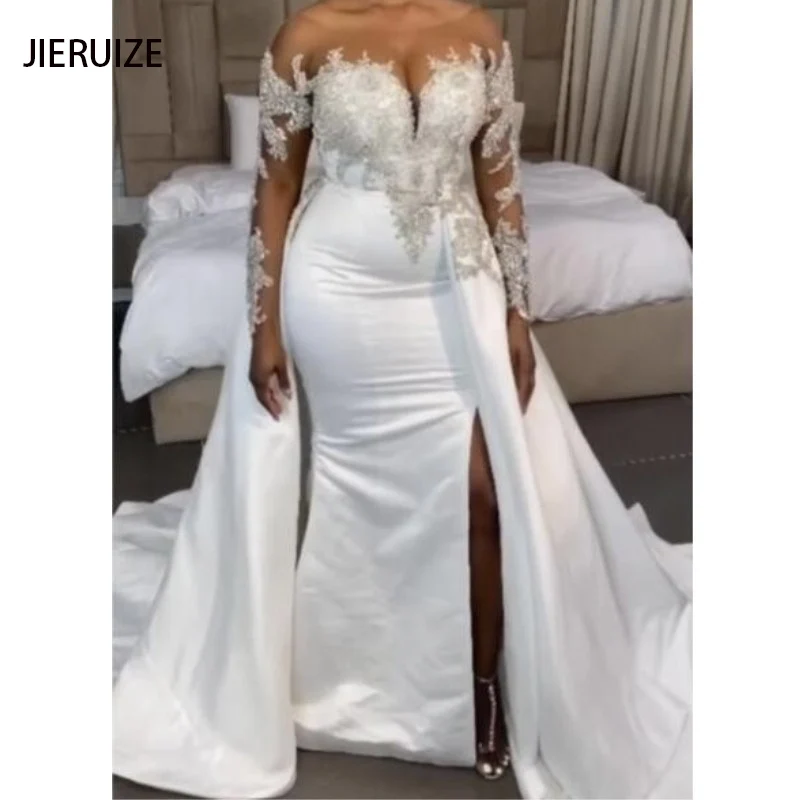 

Detachable Train Silver Beads Luxury Wedding Dresses Long Sleeves Lace Up Back African Bridal Gowns