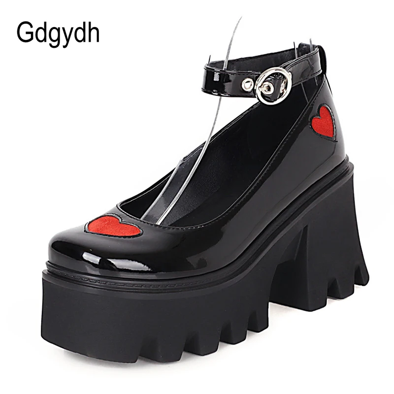 Gdgydh Romantic Goth Heart Shaped Shoes Women Platform Chunky Heels Cosplay Accessories Lolita Shoes Patent Leather Plus Size 43