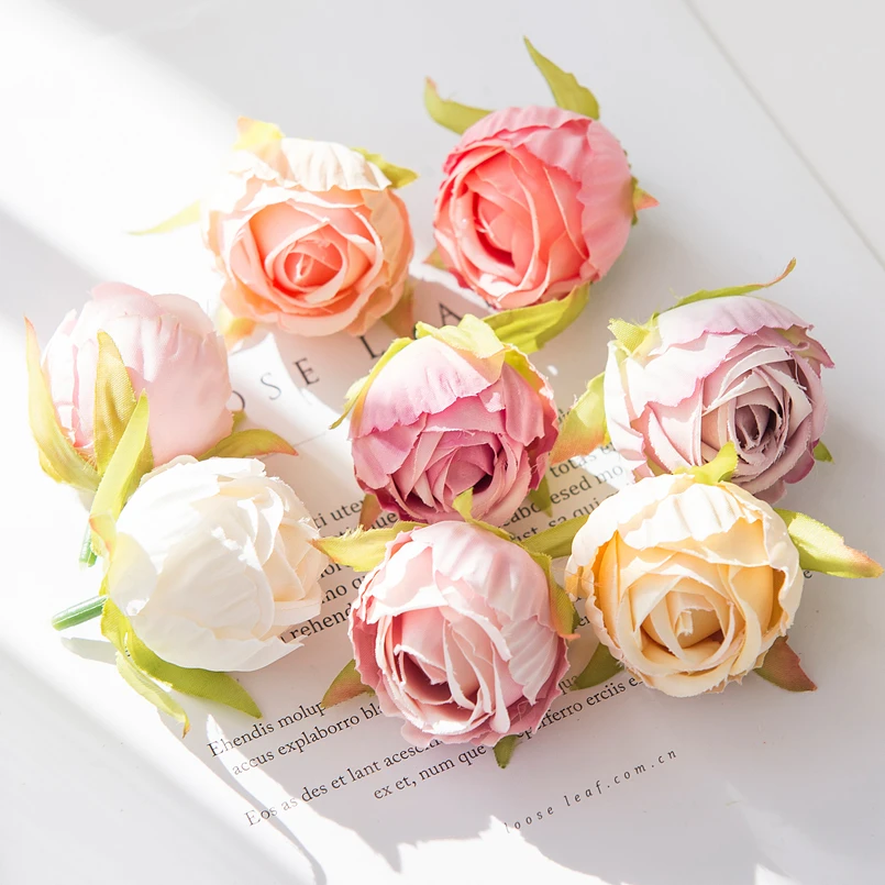10 Stück Seiden-Teeknospen Rosenköpfe Großhandel Hochzeits-Dekorationskranz Dekor für Zuhause Zimmer DIY Geschenkbox Künstliche Pflanzen Künstliche Blumen – Detail 2