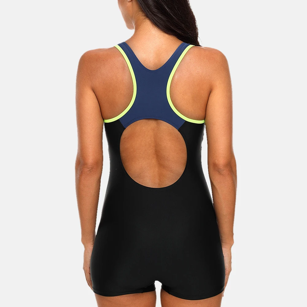 Charmo Women Sports Swimwear Sports Swimsuit One-Piece Colorblock Swimwear Open Back Beach Wear Bathing Suits patch work fitness