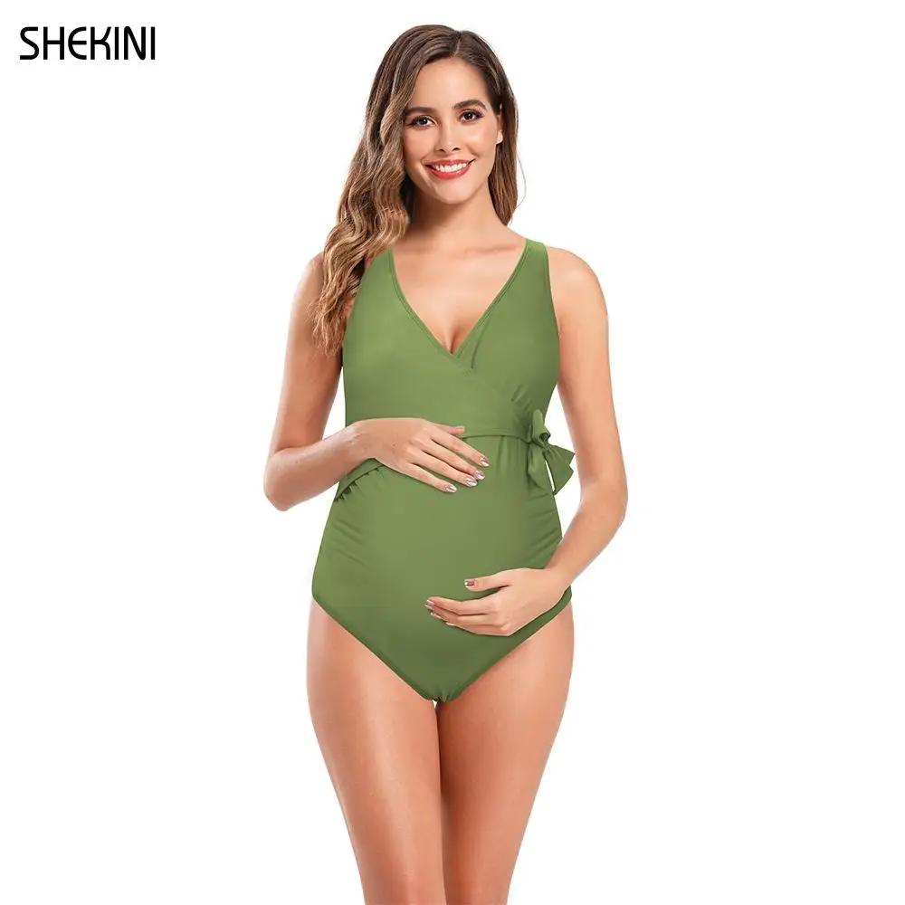 SHEKINI Women's Maternity V Neck Pregnancy Swimwear Bow Adjustable Tie Knot Front One Piece Swimsuit Pregnant 2022 Bathing Suit