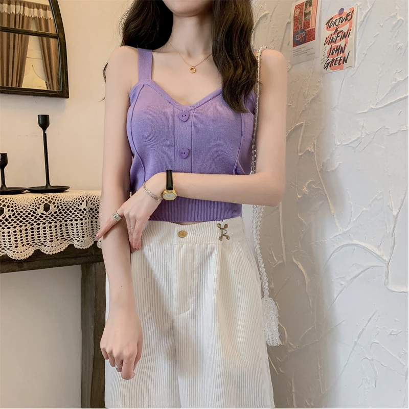 Pearl Diary Women Knitted Strappy Crop Tops Summer Sleeveless Buttons Front  Slim Fit Cropped Length Casual Cute Camis Tops