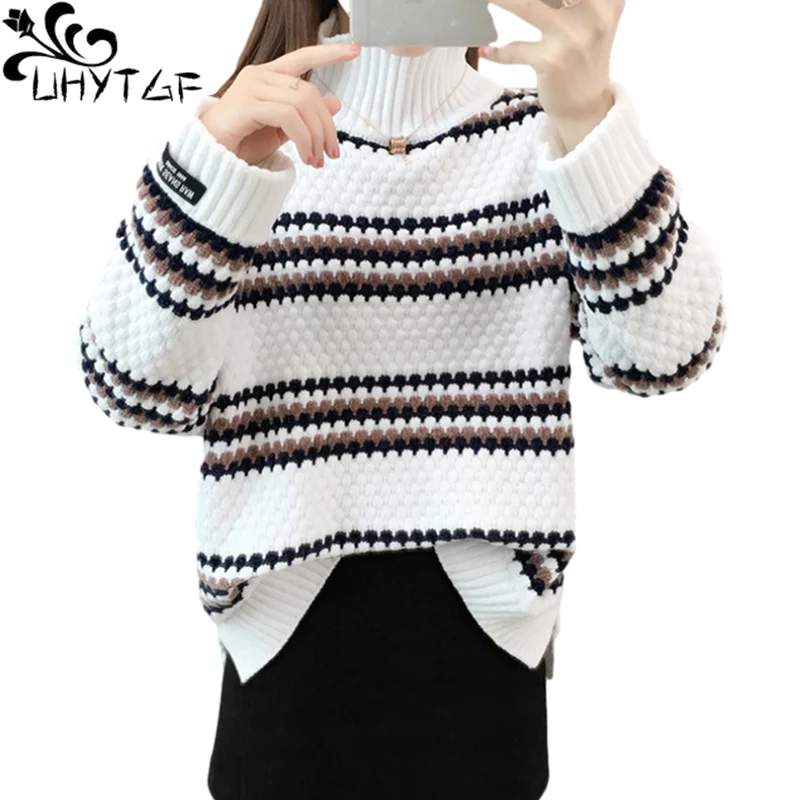 UHYTGF Sweaters Women's Long-Sleeved Pullover Casual Autumn Winter Sweater Female Fashion Stripe Turtleneck Knit Base Coat 1897