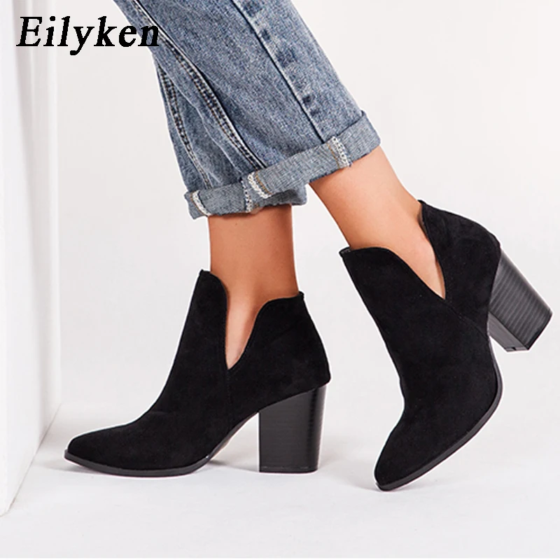 Eilyken 2024 Faux Suede Ankle Boots Women High Heel Side Stacked Block Heel Slip On Short Western Cowboy Booties Shoes