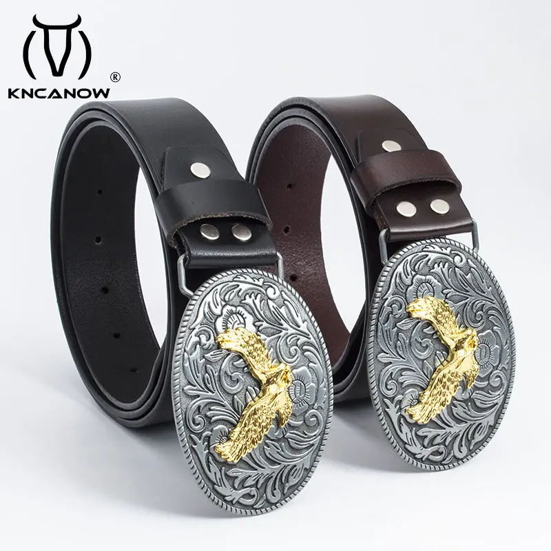 Cowhide Genuine Leather Belts For Men Brand Gold Plated Eagle Buckle Jeans Cowboy Male Luxury Designer High Quality Leather Belt