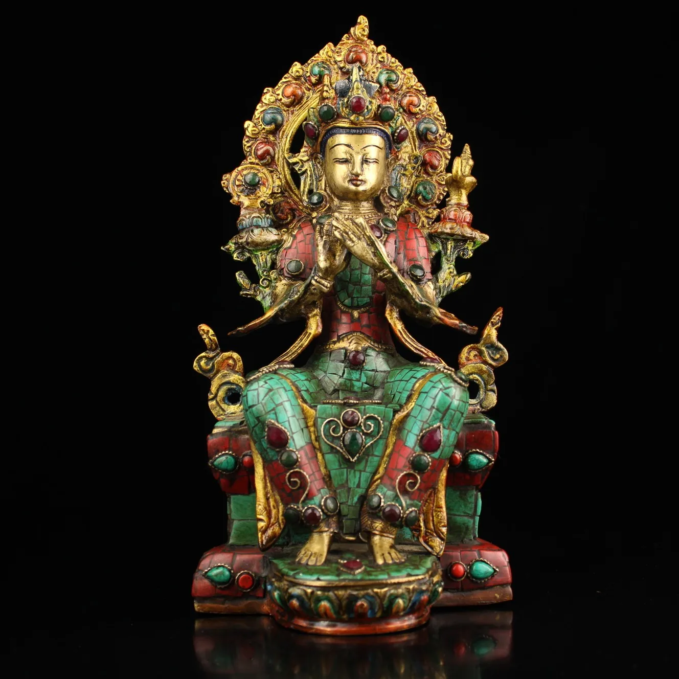 

11"Tibetan Temple Collection Old Bronze Outline in gold Mosaic Gem Turquoise Bafo Maitreya Bodhisattva Sitting Buddha