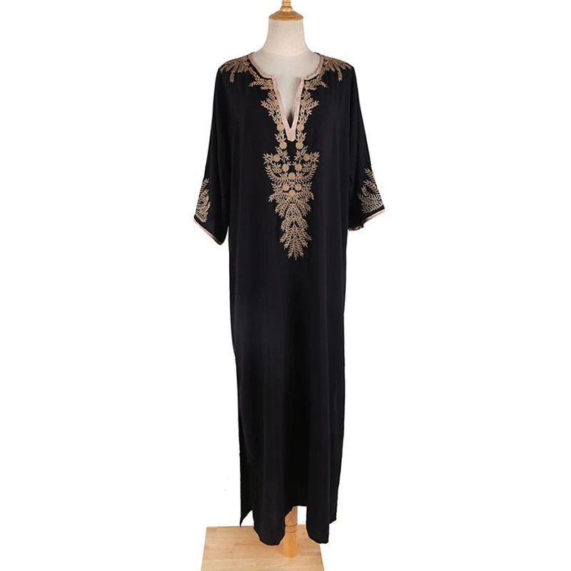 Luxury Design Black Dress India Trendy Gold Thread Accession Embroidery Royal Caftan For Women Plus Size Ankle Length Long Gowns