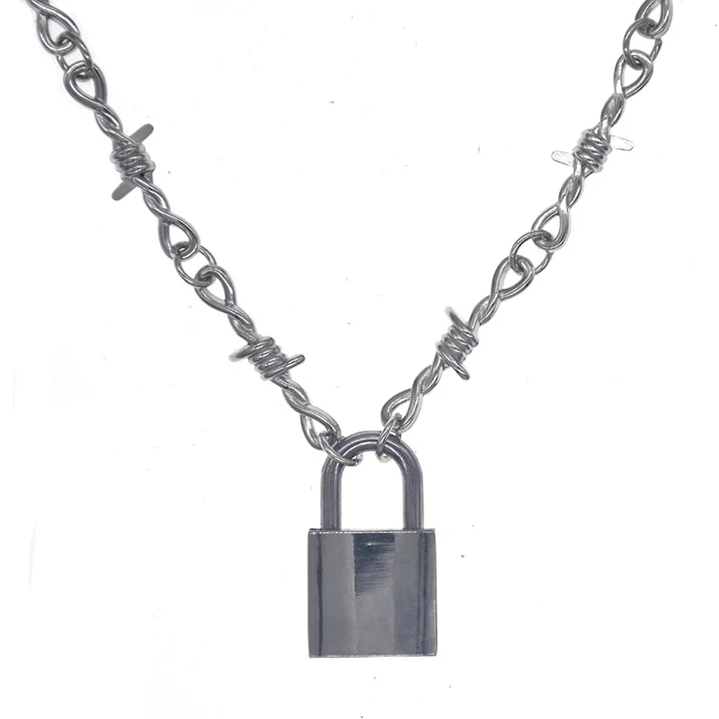 

Punk Thorns Iron Unisex PadLock Pendant Necklace Hip Hop Necklaces Streetwear Choker Men Jewelry