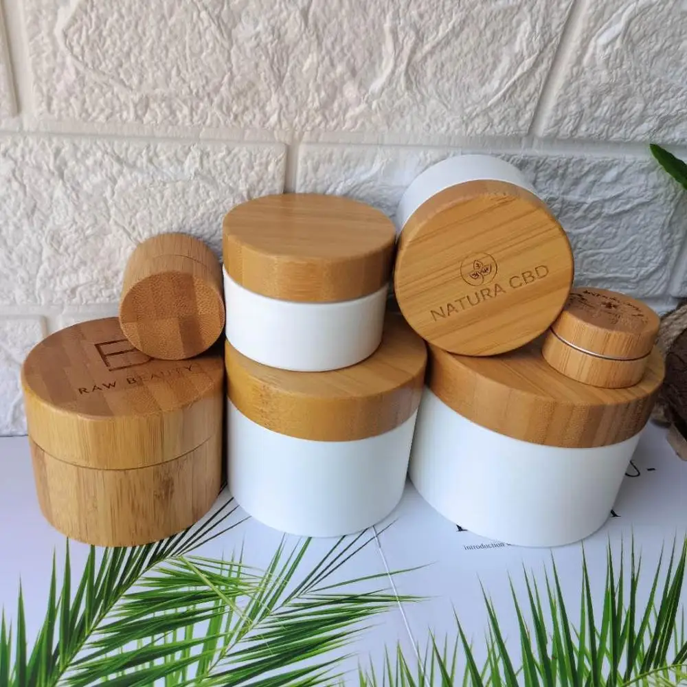 

Plastic Bottle Cosmetic Cream Plastic PP Empty Bottle Skin Care Containers Packaging Bottle With Bamboo Lid Beauty bottles