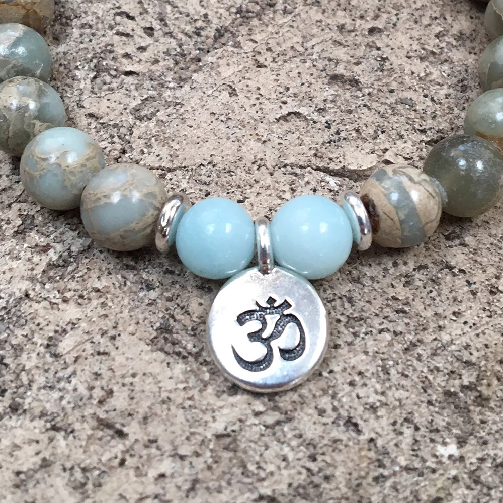 Ruberthen 8 MM Aqua Terra Jasper Bracelet Natural Gemstone Beaded Bracelet Ohm Charm Yoga Bracelet Womens Mala Bracelet