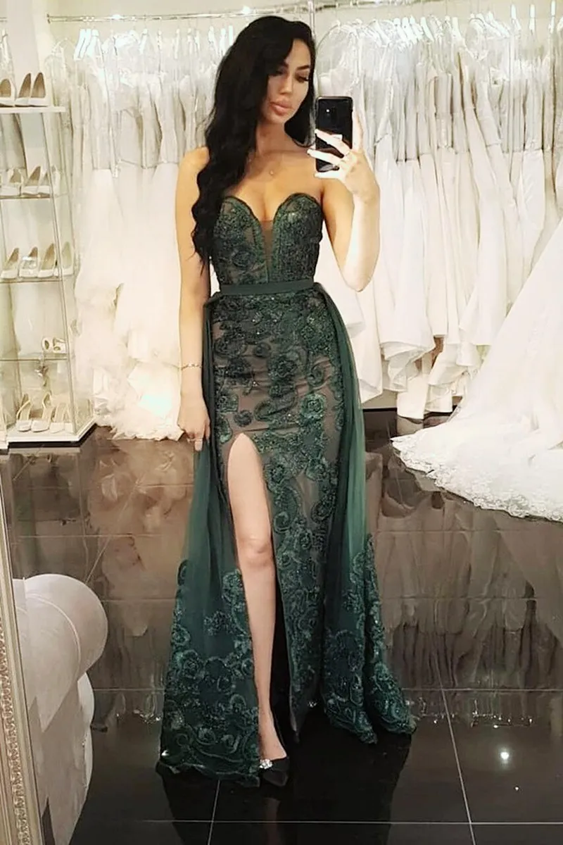 2020 Dark Green Mermaid Split Applique Satin Floor Lengte Strapless Sweetheart Hals Sequin Prom Dress Платья Знаменитостей