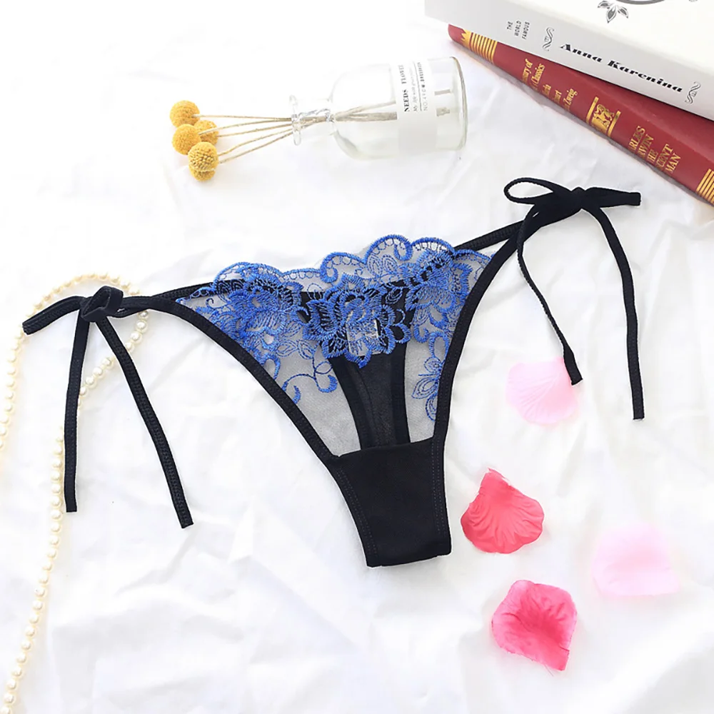 Bragas de encaje bordadas para mujer, ropa interior Sexy transparente de cintura baja, calada de algodón, lencería sin costuras