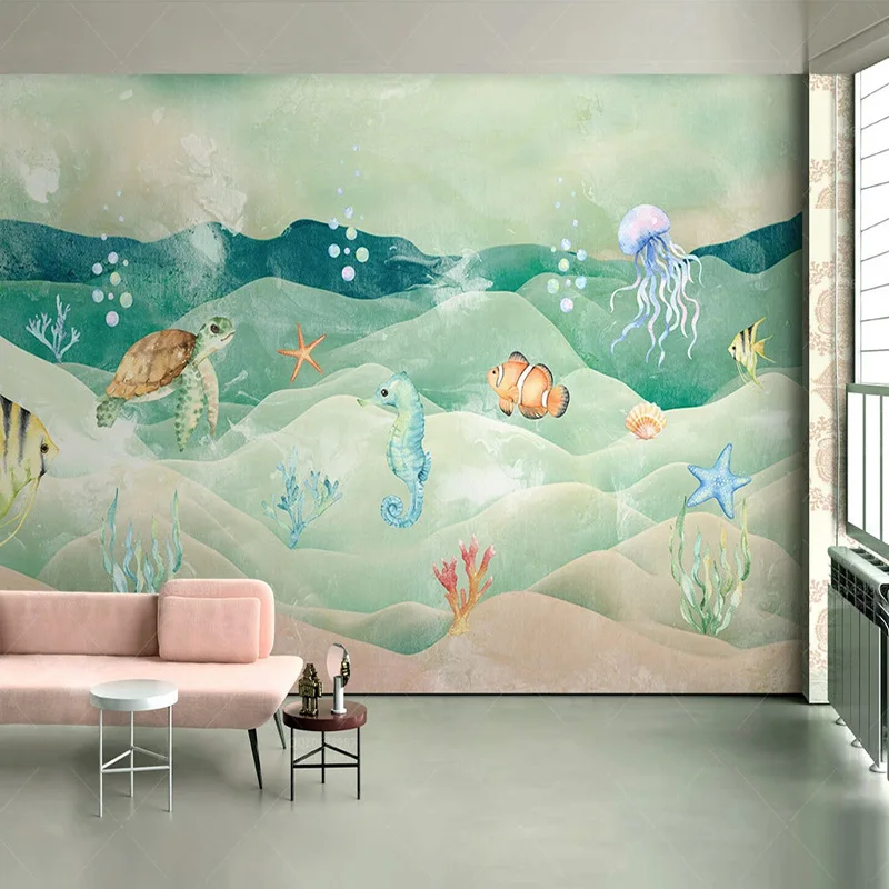 Cutom Mural Wallpaper Cartoon Retro Fish Children Animals Fresco Kids Bedroom Background Wall Decor 3D Stickers