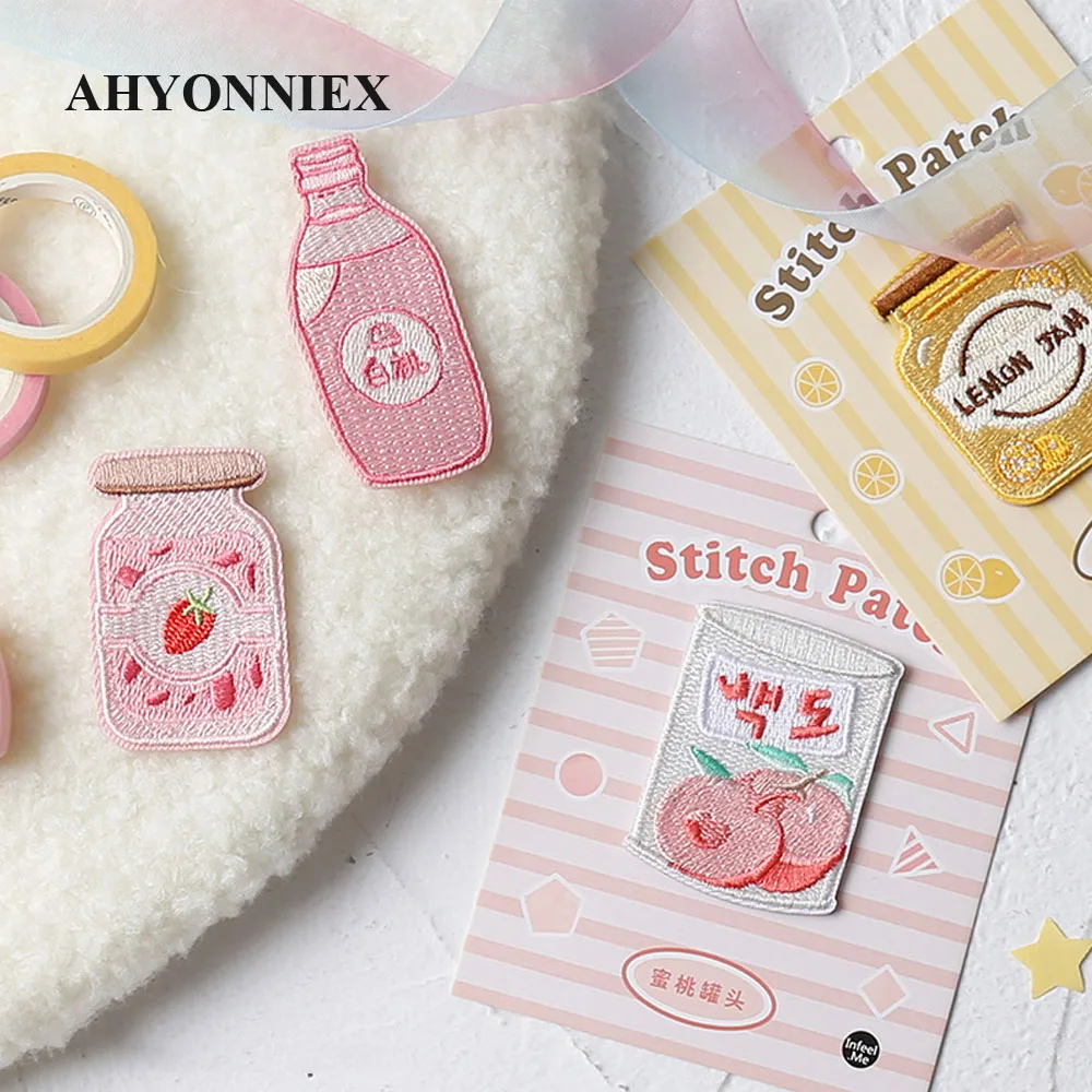 AHYONNIEX 1 Piece Embroidered Cute Milk Soda Jams Patches Clothes Bags DIY Applique Embroidery Parches Iron On Patch for Clothes