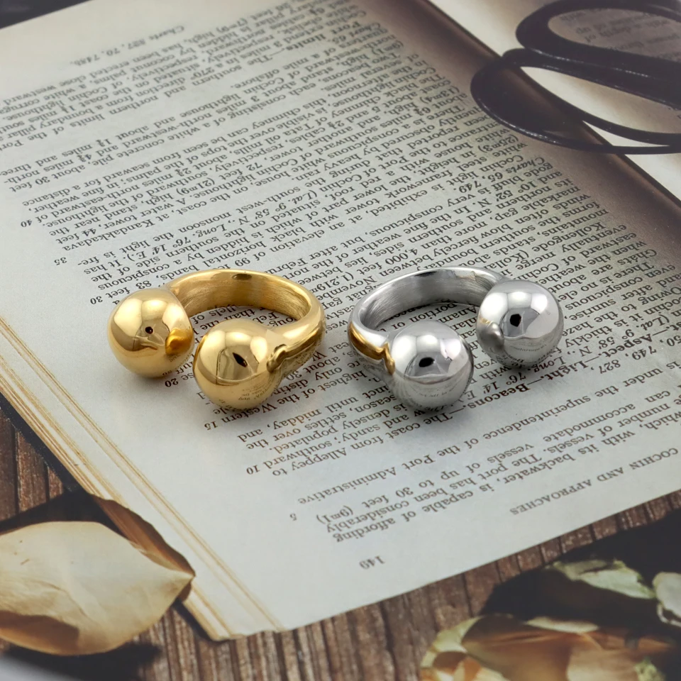 New Design 18 K Stainless Steel Heavy Geometric Bead Ring Fashion Gold Metal Finger Rings For Women Statement Jewelry Party Gift