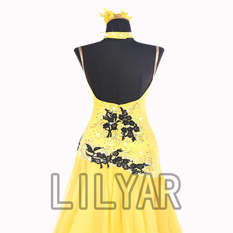 Vestido de baile de salón, falda estándar, competición, actuación, bordado amarillo personalizado para adultos, nuevo