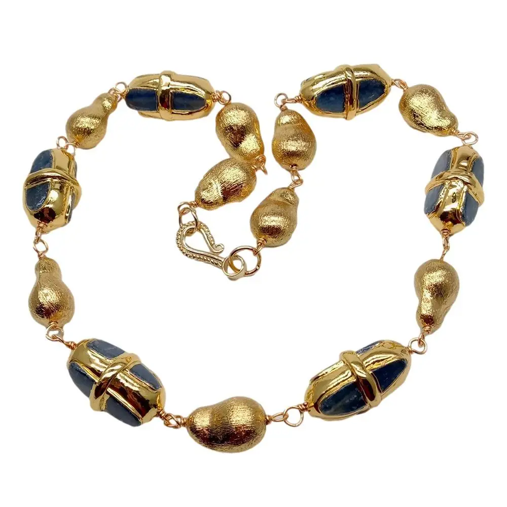 Y·YING Natural Blue Kyanite Electroplated Edge Gold Plated Brushed Bead wrap Necklace 20