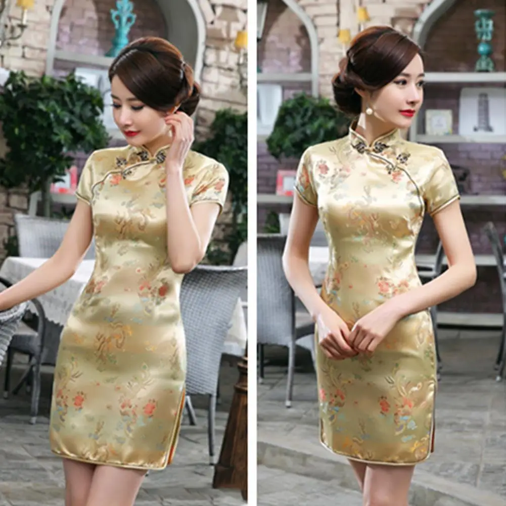 Chinese Qipao Cheongsam Dragon/Phoenix Embroidery Chinese Traditional Cheongsam for Women Side Slitting Hem Mini Dress Cheongsam