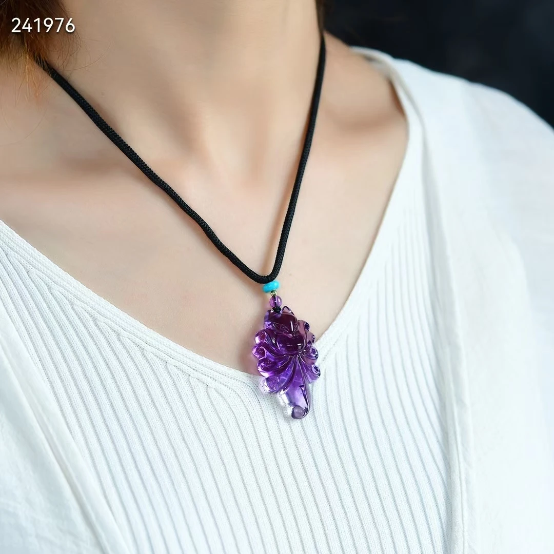 Natural Purple Amethyst Quartz 9 Tails Fox Pendant 38.8*23*12mm Women Amethyst Fox Necklace Jewelry AAAAA